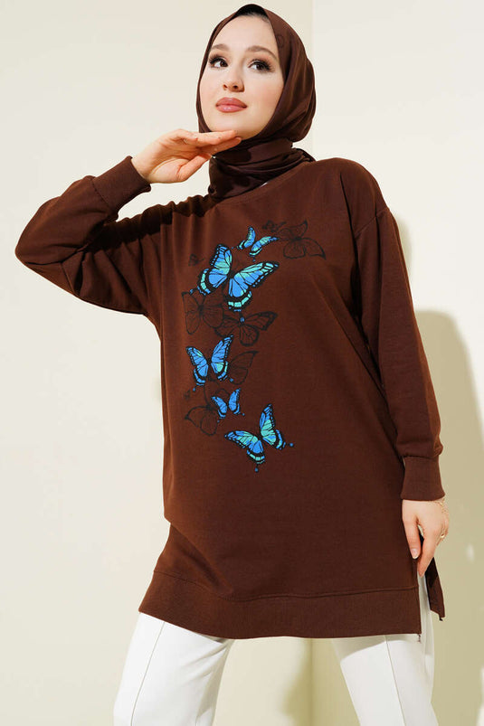 Butterfly Printed Two-Ply Tunic Brown