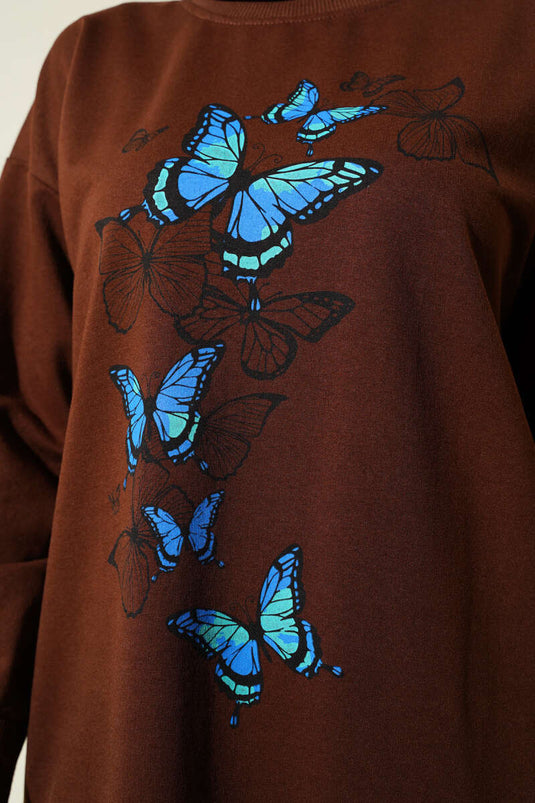 Butterfly Printed Two-Ply Tunic Brown