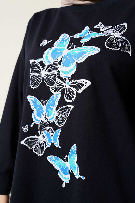 Butterfly Printed Two-Ply Tunic Navy Blue