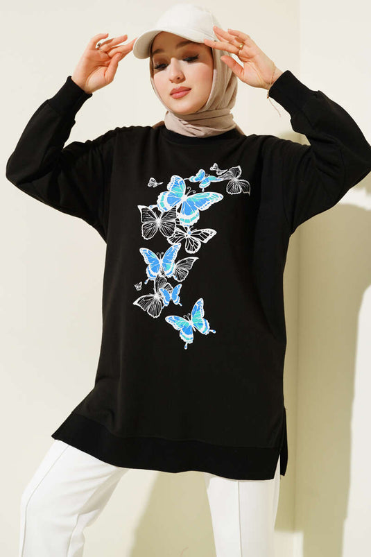 Butterfly Printed Two-Ply Tunic Black