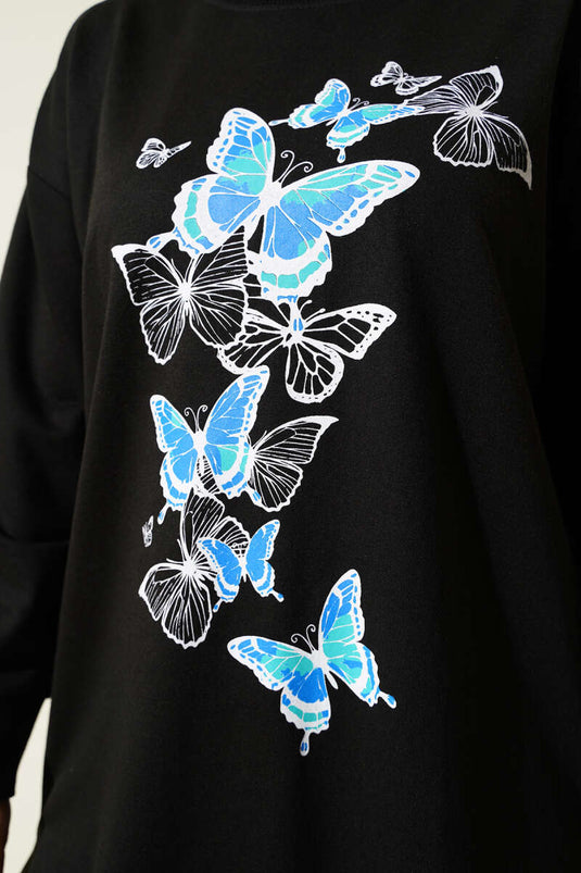 Túnica negra de dos hilos con estampado de mariposas