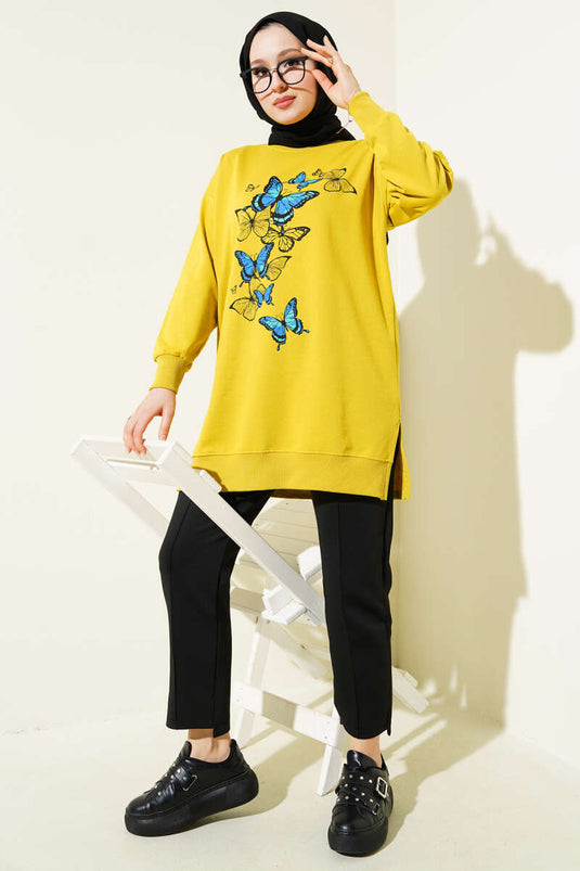 تونيك بخيطين مطبوع عليه فراشة باللون الأخضر الزيتي