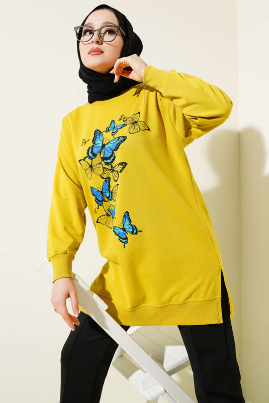 تونيك بخيطين مطبوع عليه فراشة باللون الأخضر الزيتي