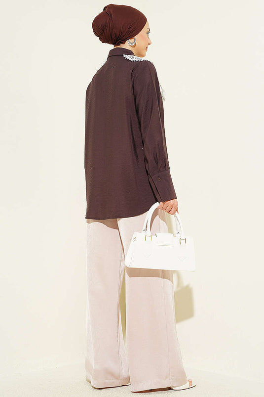 Kelebek Dantel Detaylı Gömlek Kahve