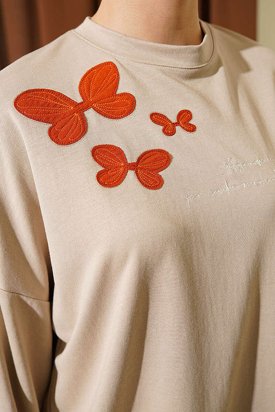Butterfly Embroidered Two-Piece Set Beige