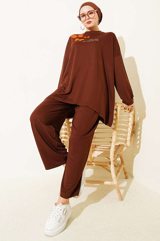 Butterfly Embroidered Two-Piece Set Brown