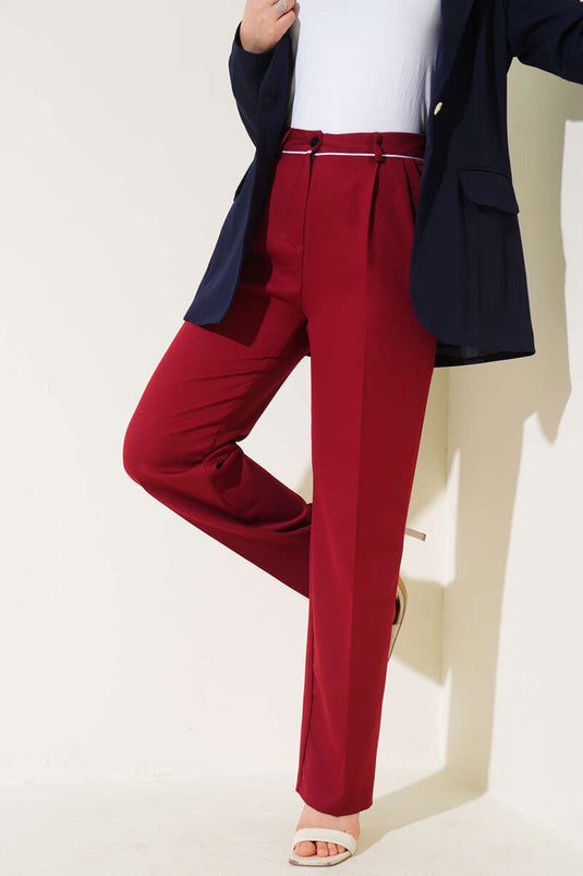 Fabric Trousers with Belt Piping, Burgundy