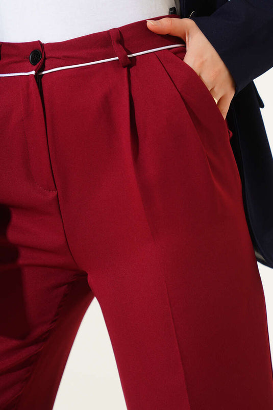 Fabric Trousers with Belt Piping, Burgundy