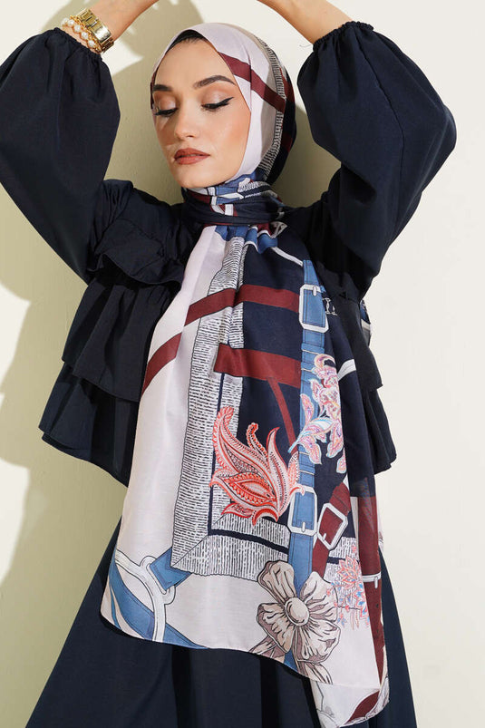 Belt Patterned Soft Scarf, Navy Blue