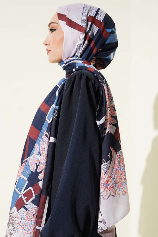 Belt Patterned Soft Scarf, Navy Blue