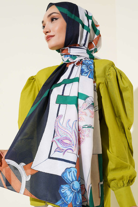 Belt Patterned Soft Scarf Navy Beige