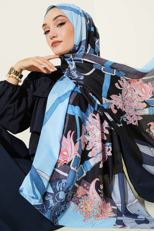 Belt Patterned Soft Scarf Black Blue