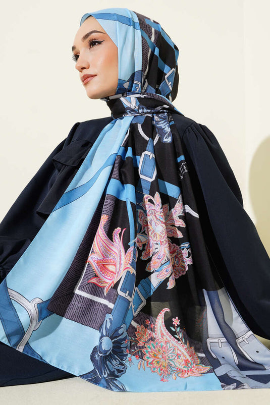Belt Patterned Soft Scarf Black Blue