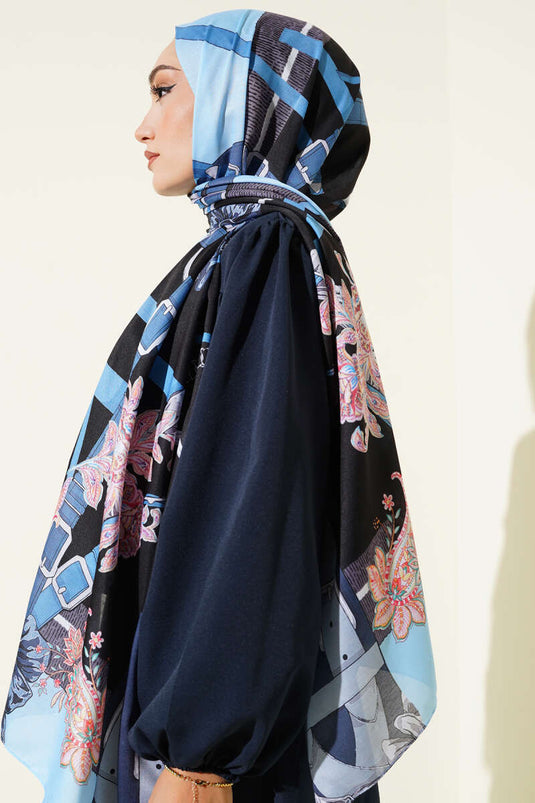 Belt Patterned Soft Scarf Black Blue