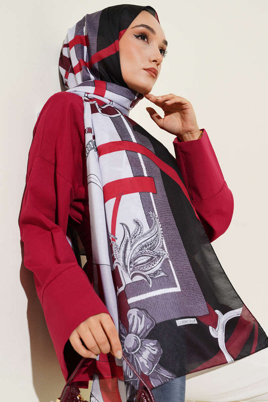 Belt Patterned Soft Scarf with Black Stones