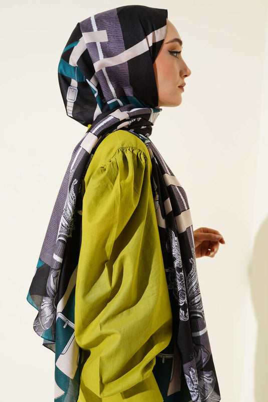 Belt Patterned Soft Scarf Black Green