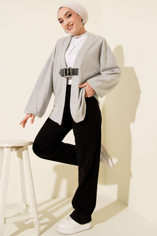 Kemer Detaylı Fitilli Kaşe Kimono Gri