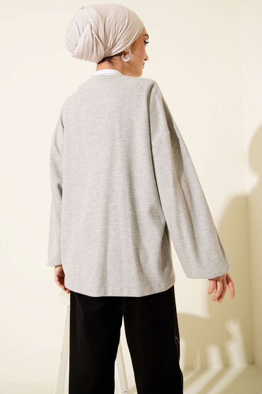 Kemer Detaylı Fitilli Kaşe Kimono Gri