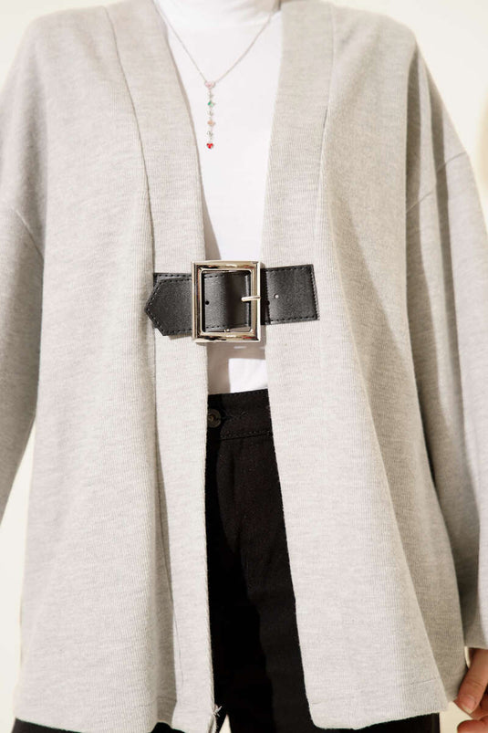 Kimono di panno a coste con dettagli in cintura grigio