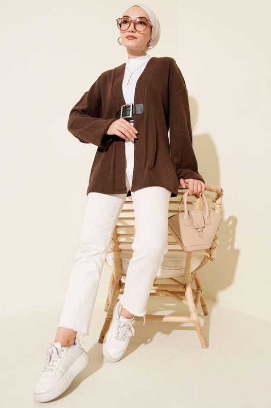 Kemer Detaylı Fitilli Kaşe Kimono Kahve