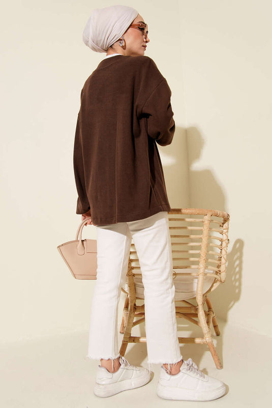 Kemer Detaylı Fitilli Kaşe Kimono Kahve