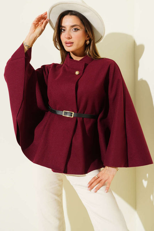 تفاصيل الحزام، بونشو من الكشمير، لون عنابي