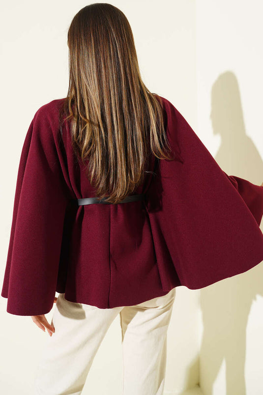 تفاصيل الحزام، بونشو من الكشمير، لون عنابي