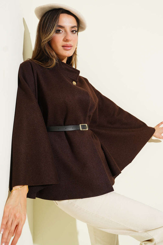 بونشو من الكشمير بتفاصيل حزام، بني