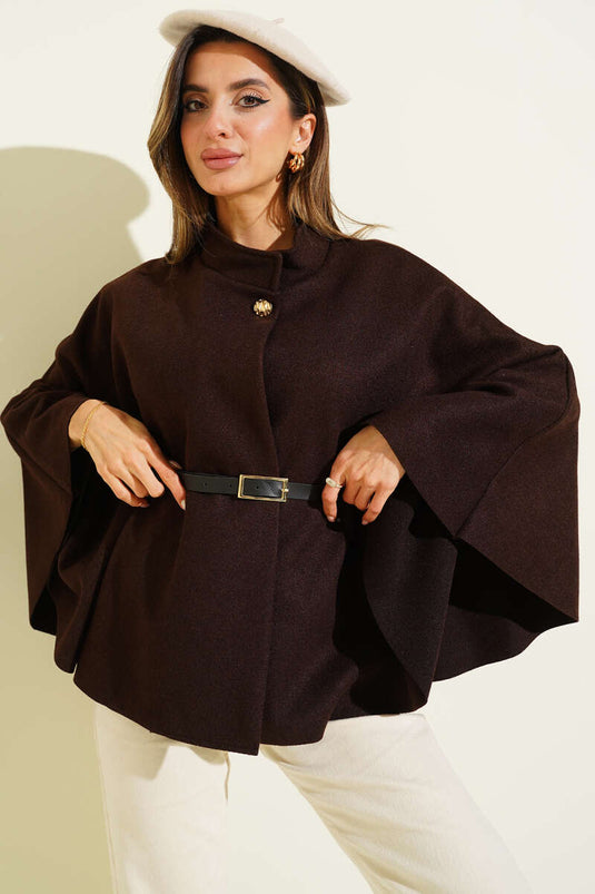 بونشو من الكشمير بتفاصيل حزام، بني