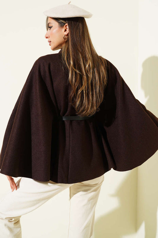 بونشو من الكشمير بتفاصيل حزام، بني