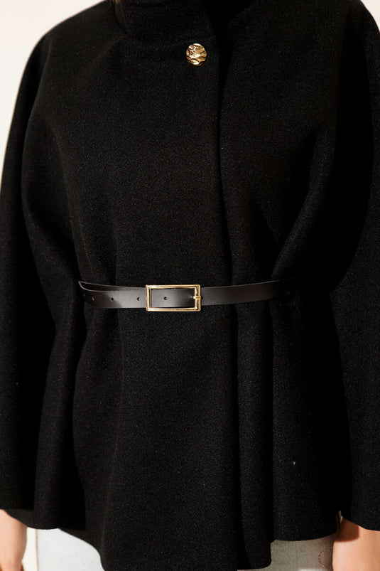 Poncho en cachemire noir avec ceinture détaillée