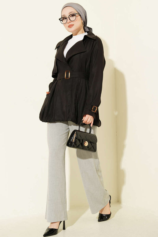 Kemer Detaylı Kısa Trençkot Siyah