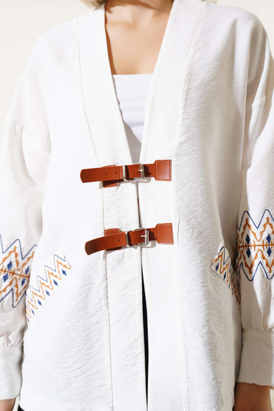 Embroidered Kimono Ecru with Belt Detail