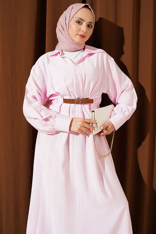 Robe évasée plissée avec ceinture détail, rose, mode modeste