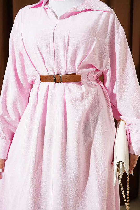 Robe évasée plissée avec ceinture détail, rose, mode modeste