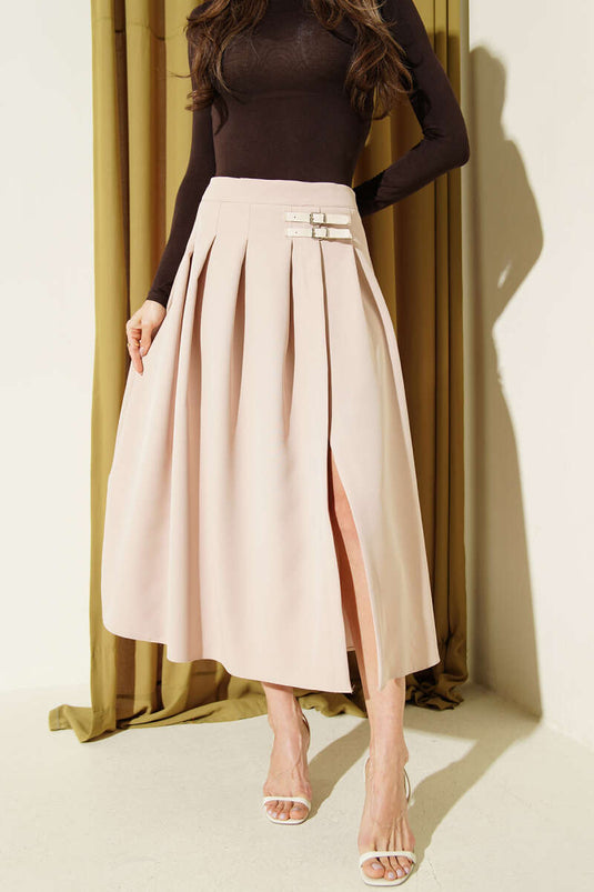 Kemer Detaylı Yırtmaçlı Midi Etek Bej