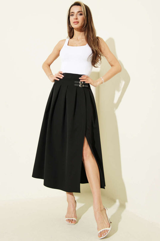 Black Midi Skirt with Belt Detail and Slit