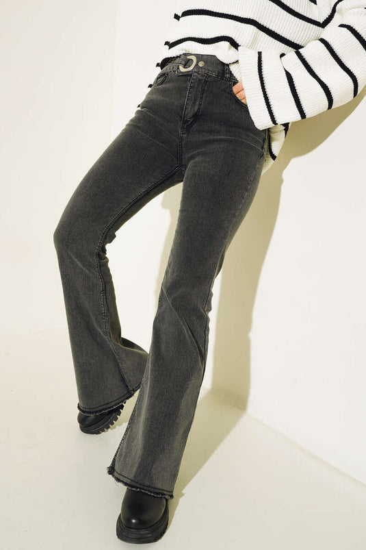 Belted Spanish Flare Jeans Pants Charcoal