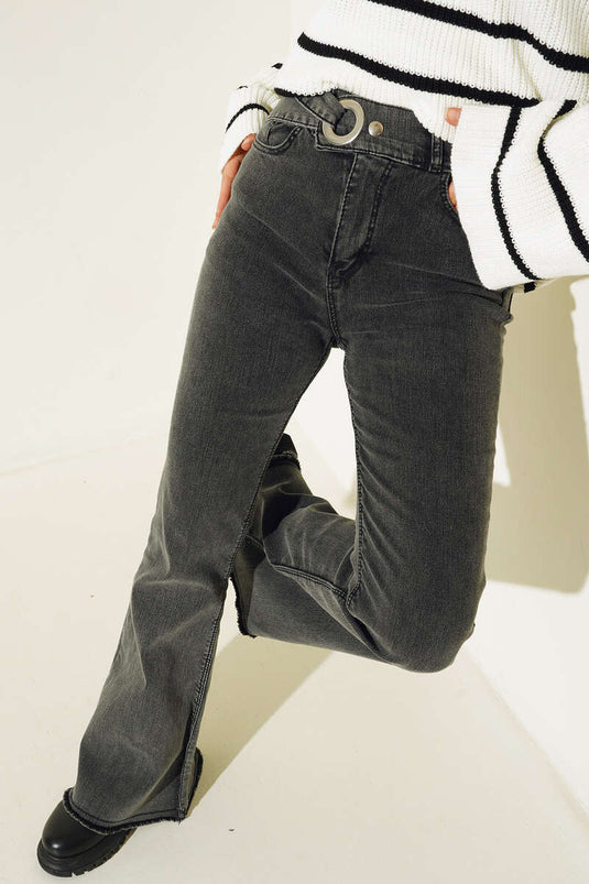 Belted Spanish Flare Jeans Pants Charcoal