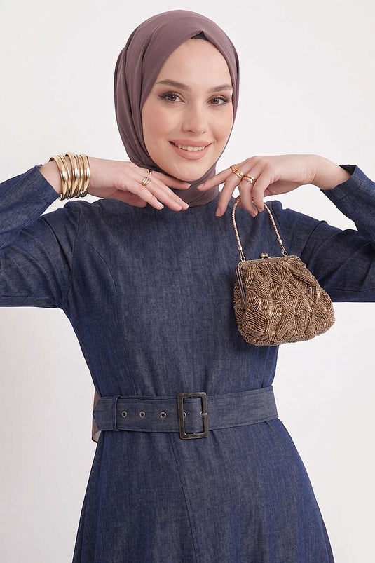 Abito in jeans con cintura e chiusura, blu scuro