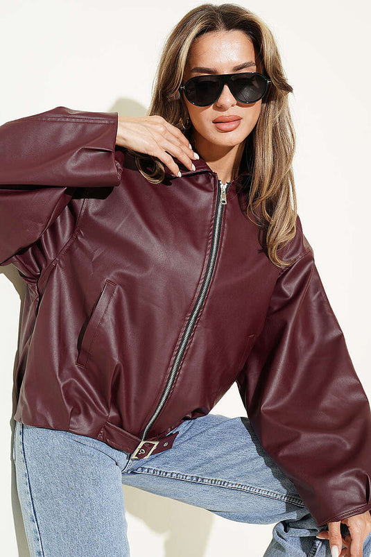 Bordeaux Lederjacke Mit Gürtelverschluss