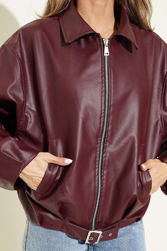 Bordeaux Lederjacke Mit Gürtelverschluss
