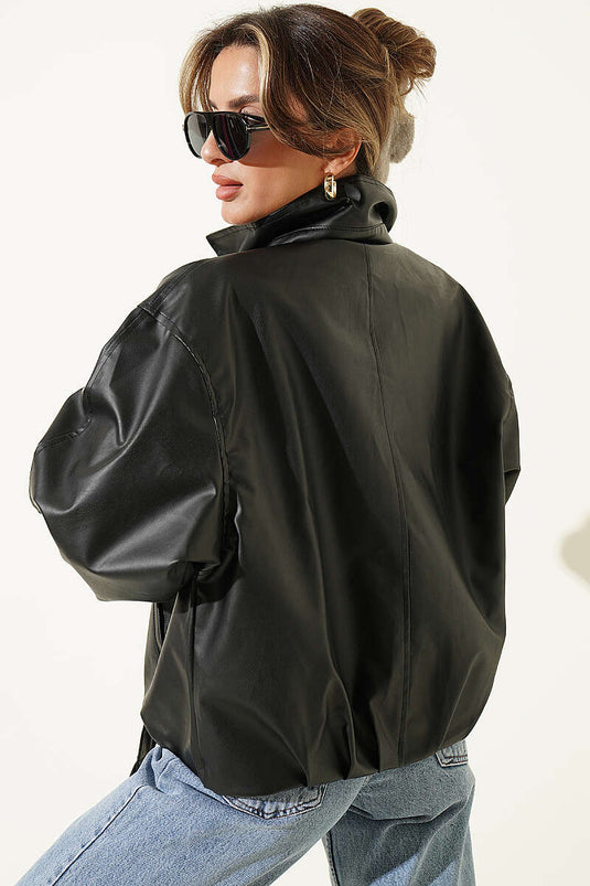Zwarte Leren Jas Met Riemgesp Details