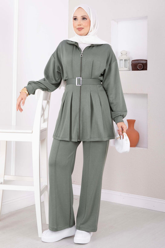 Conjunto De Pantalón Plisado Y Túnica Con Cinturón Color Kaki