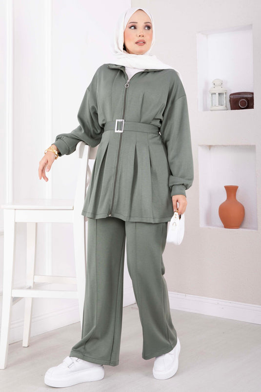Conjunto De Pantalón Plisado Y Túnica Con Cinturón Color Kaki