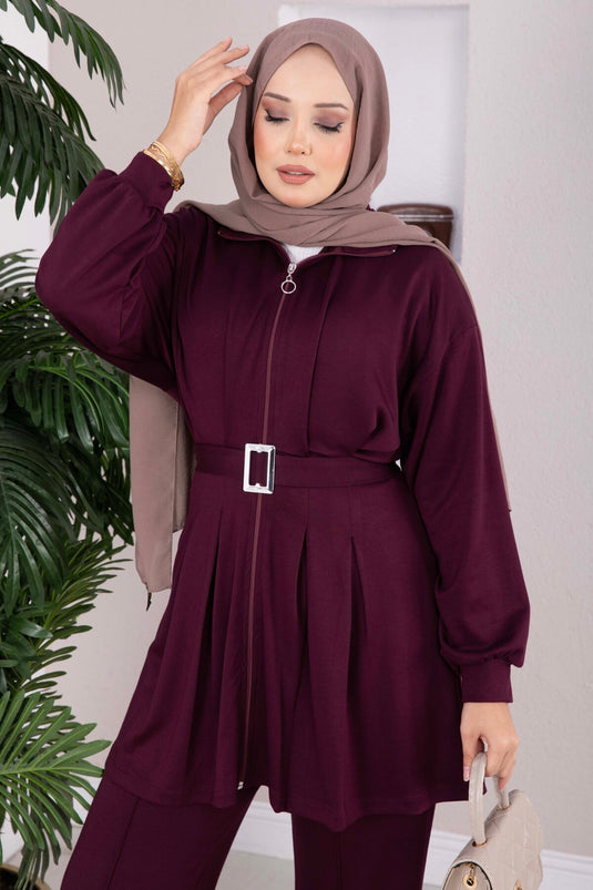 طقم بنطال وتونيك بخصر مع حزام وطيّات بلون الموديم