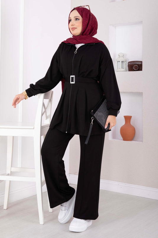 Ensemble Pantalon Plissé Et Tunique À Ceinture Noire