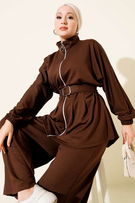 Kemer Tokalı Fermuarlı Loyşa İkili Takım Kahve