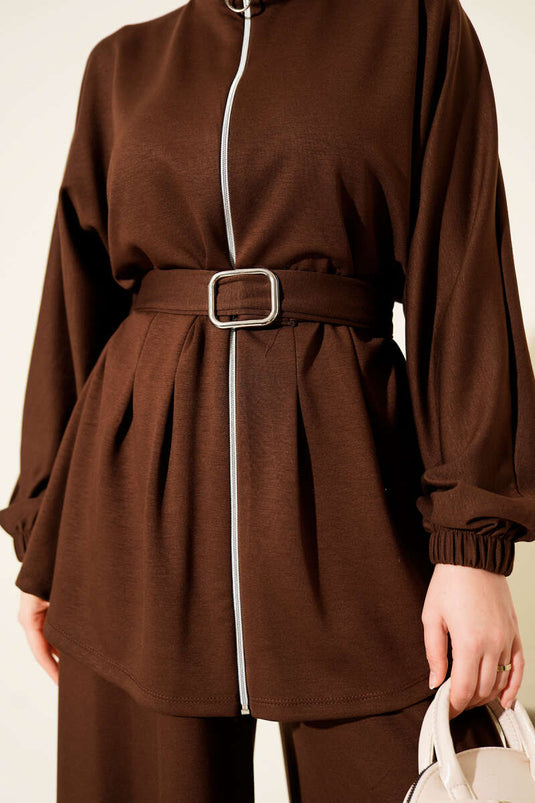 Kemer Tokalı Fermuarlı Loyşa İkili Takım Kahve