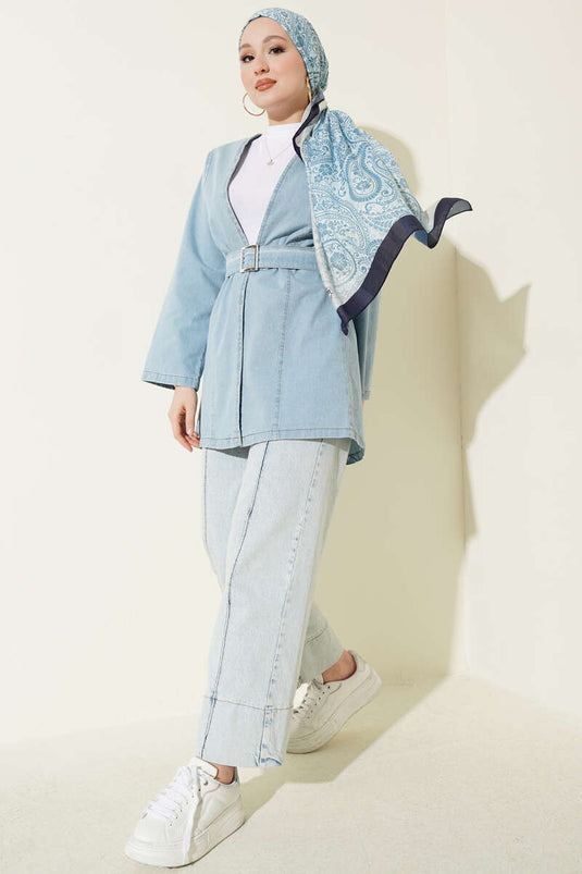 Light Blue Denim Kimono with Buckle Belt